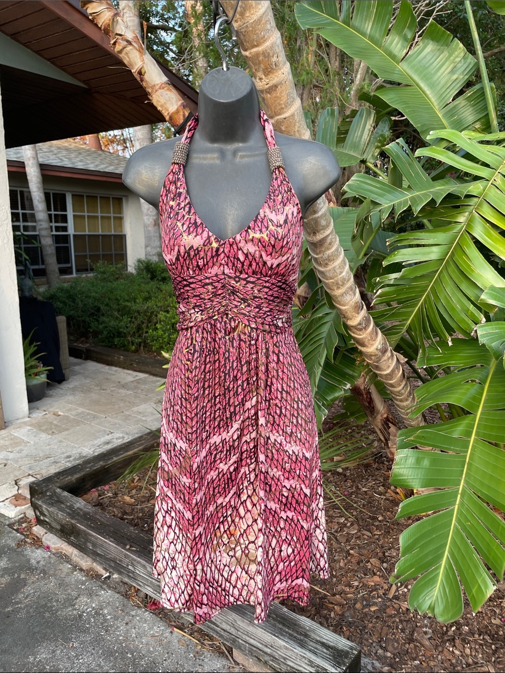snake print and gold metallic halter dress
